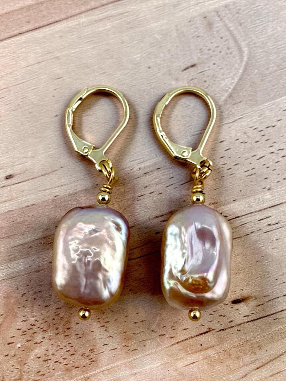 Baroque Pearl Earrings Gold Filled Leverbacks Pink Freshwater Pearl Dangle 18mm - Picture 5 of 10
